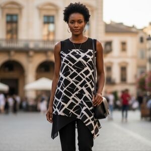 Zac & Rachel Black White Geometric Asymmetrical Sleeveless Top Small